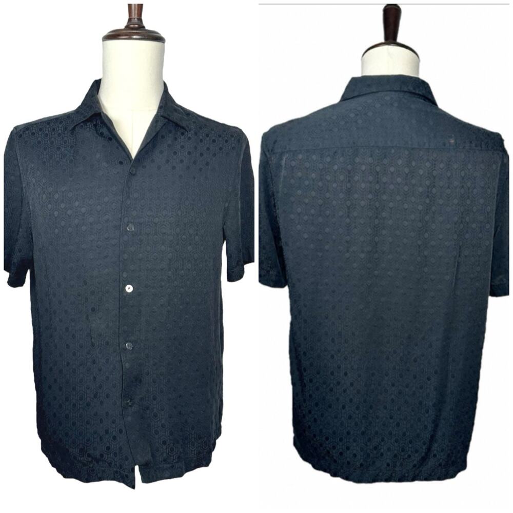 H&M | Men | Black Satin Linen Blend Jacquard Textured SS Button Up Shirt | Small